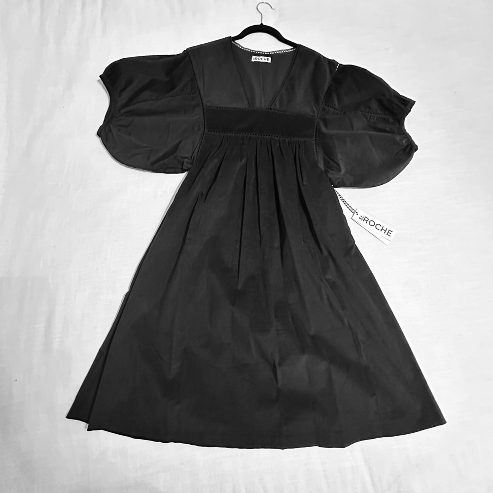 St Roche Lake Dress Womens XS Black Cotton Puff Sleeve Midi Goth Romance USA